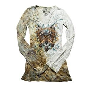 West Coast Choppers Shirt Womens Medium Gold V-Neck Y2K Graphic Long Sleeve